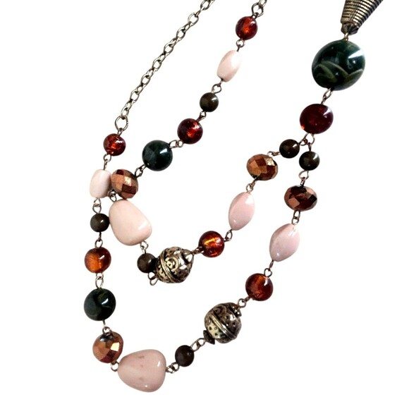 Erica Lyons Colorful Beaded Necklace Gold Green Beige Amber Tassel 28 In Long - Picture 4 of 5